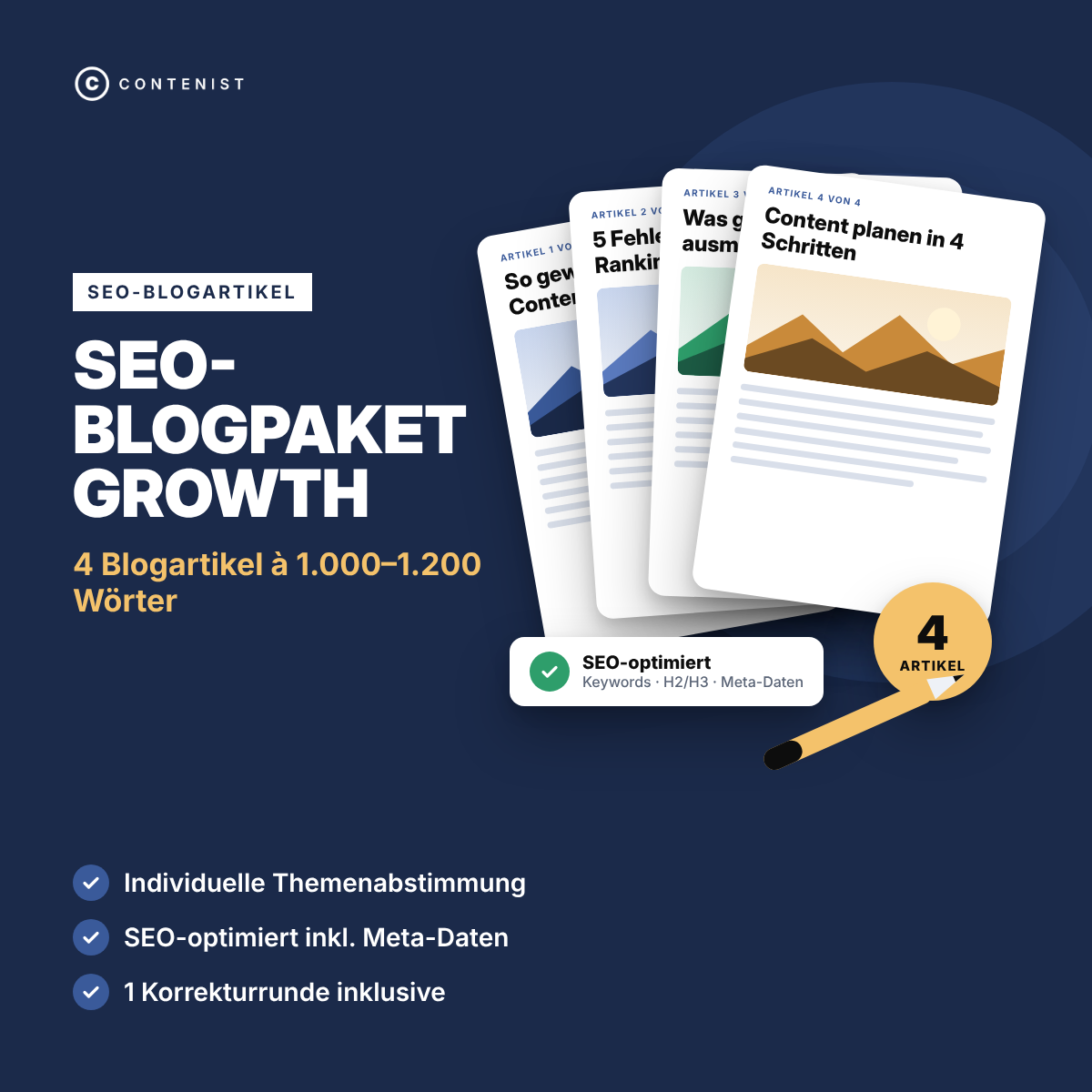 Produktbild SEO-Blogpaket Growth: 4 Blogartikel à 1.000–1.200 Wörter